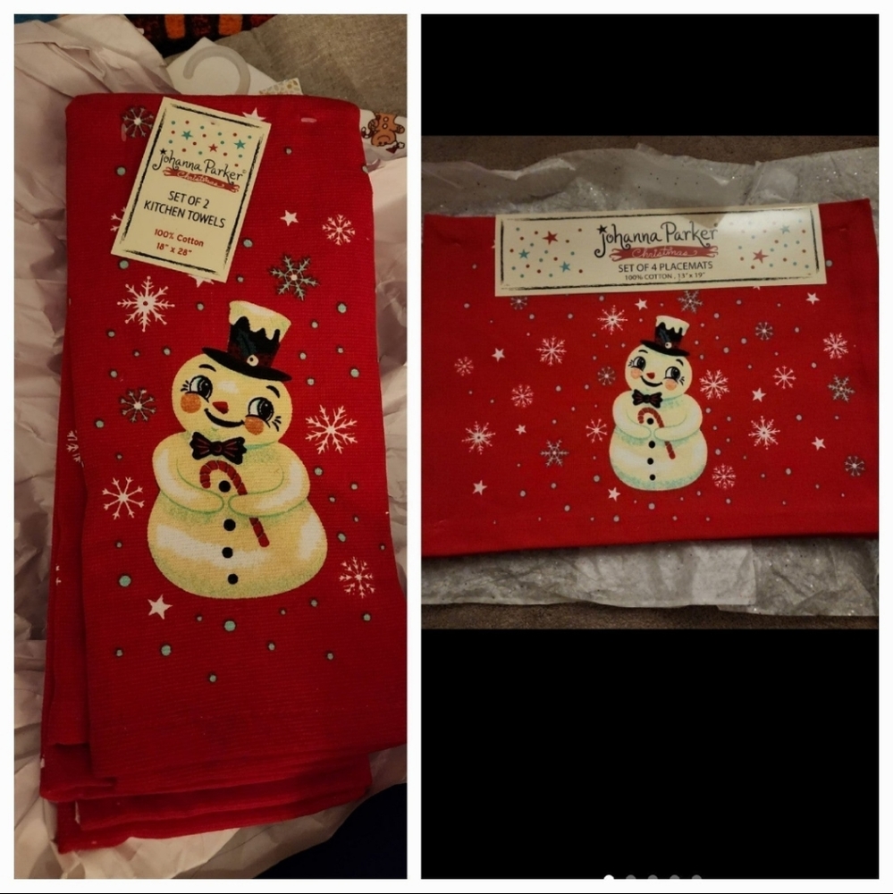 Johanna Parker- set of 2 towels and set of 3 snowman placemets. 100% cotton.